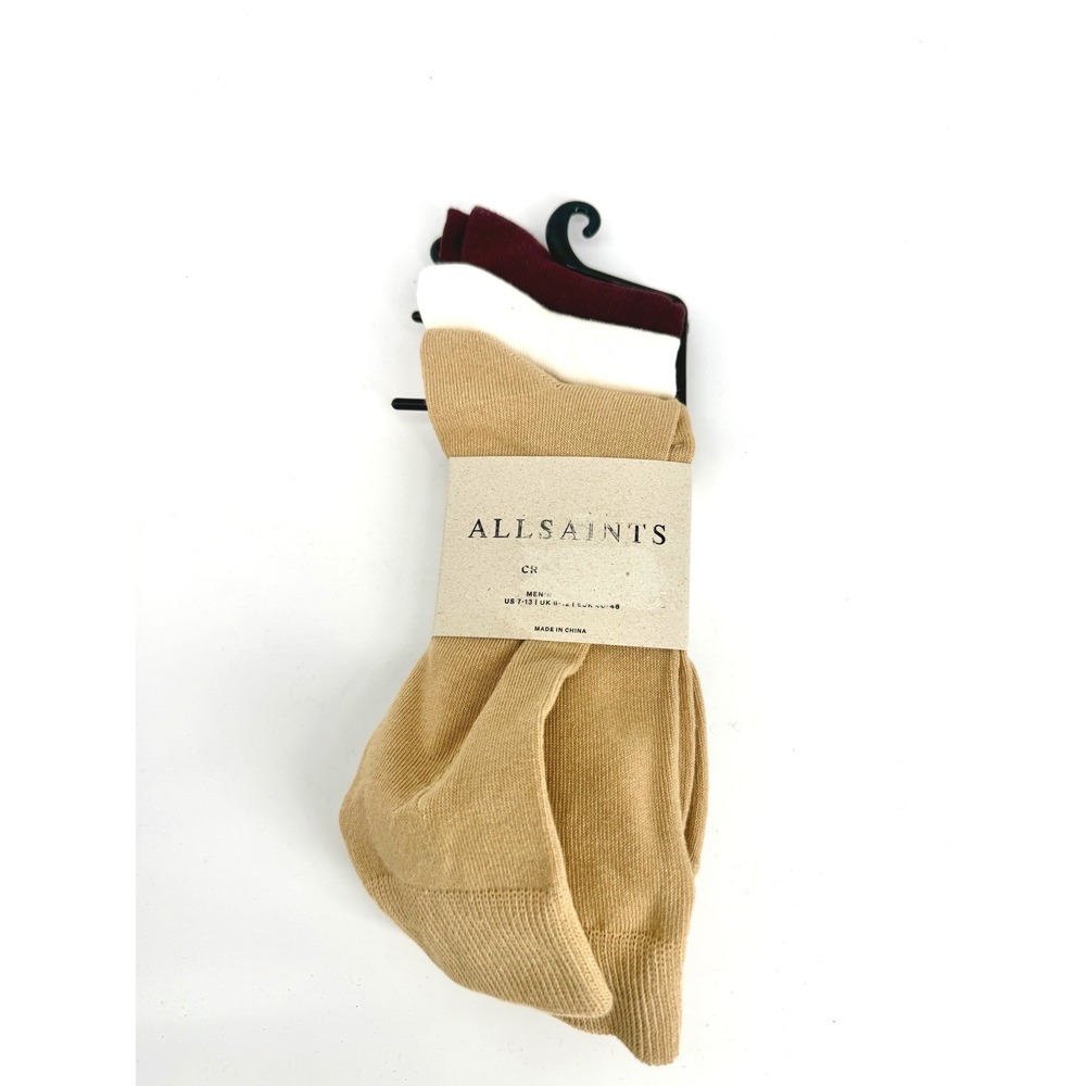 AllSaints Mens 3 Pack Crew Socks Tan White Burgundy Cotton Blend Size 7-13 NEW